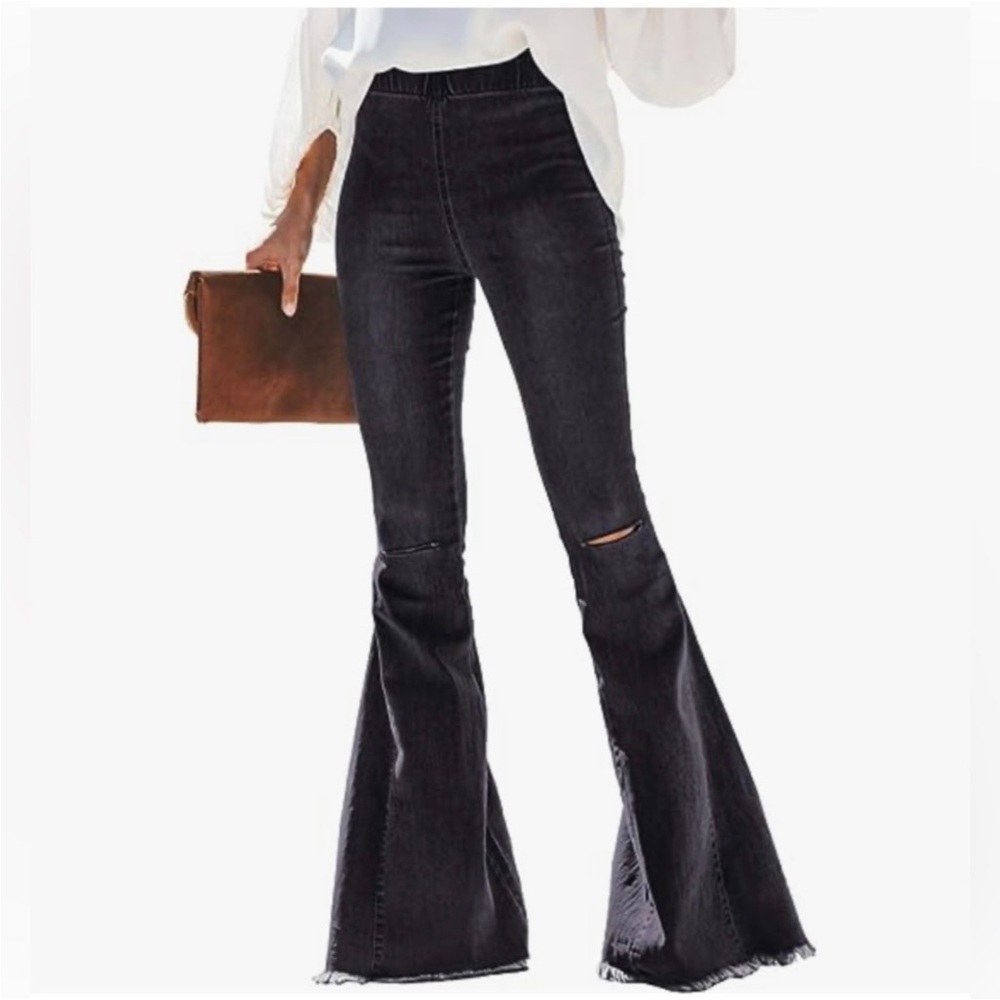 Button Free Elastic Waist Distressed Flared Long Bell Bottom Denim Jeans
